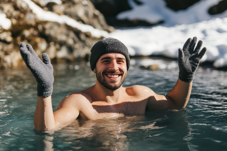 Dorosły mężczyzna w czapce i rękawiczkach hartuje organizm, morsując w zimnej wodzie zimą.