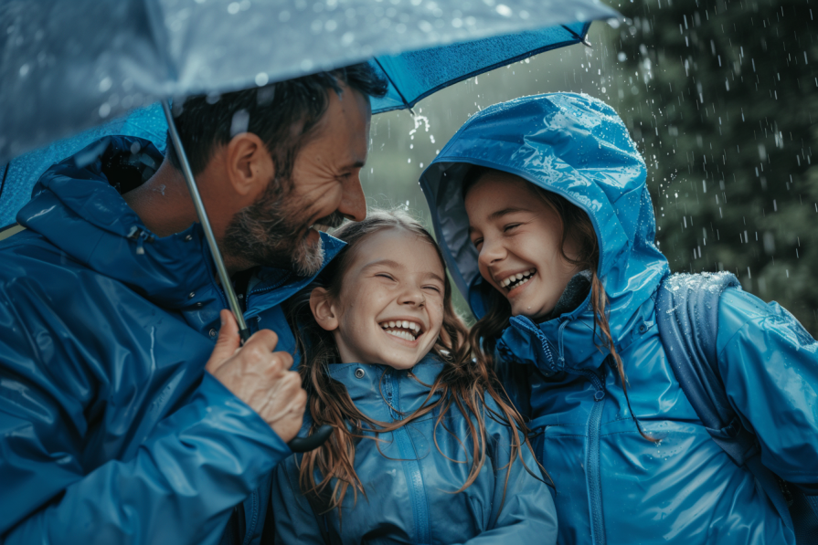 Czym jest odporność? Czym się różni odporność nabyta od wrodzonej? Jak wzmacniać oba rodzaje odporności i jak budować dobrą odporność na co dzień? Roześmiani rodzice na spacerze z córeczką w niebieskich kurtkach pod parasolem w deszczu.